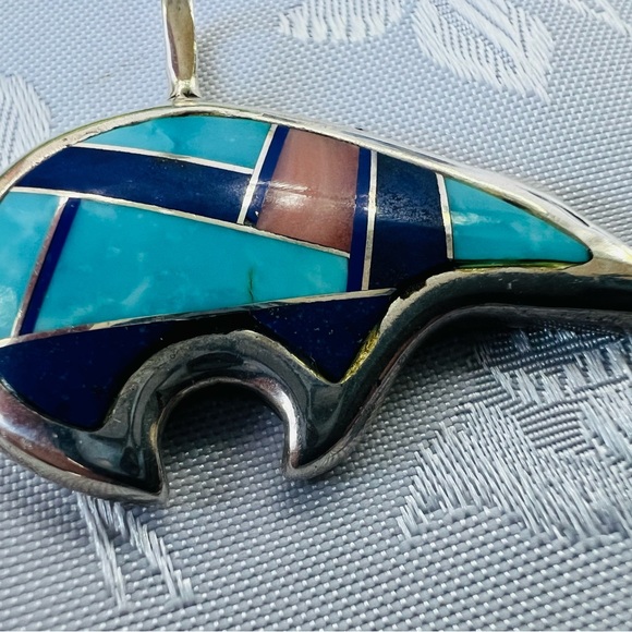 Phillip Guerro PTG Navajo Medicine Bear Silver Inlay Pendant 13.5 g Estate - Picture 2 of 5